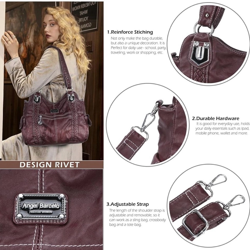 Angel Barcelo Burgundy Hobo Shoulder Bag - Picture 5 of 14